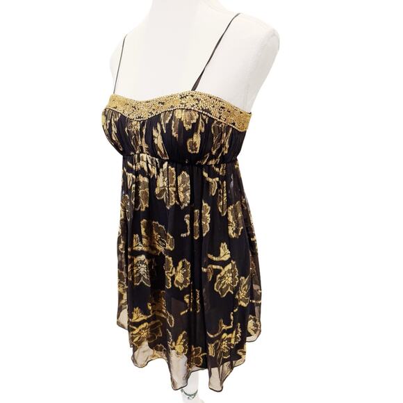 VTG Y2K 90s Cache BLK Gold Silk Babydoll Cocktail Dress Beaded WhimsyGoth XS-2 - Picture 3 of 11